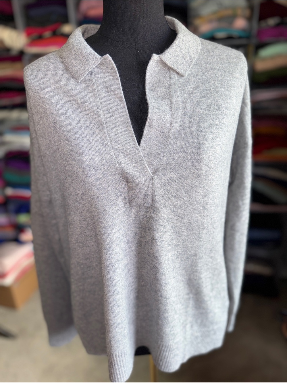 Quince Light Gray Cashmere  V-Neck Collared Women's Sweater - Picture 5 of 7